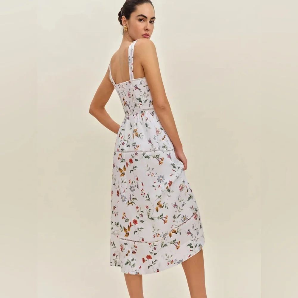 NEW Reformation Everett Linen Midi Dress Corsini White Multi Floral | US 4 UK 8 - Picture 5 of 16